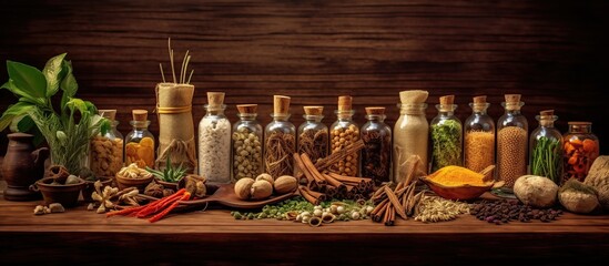 Traditional medicine with herbs and spices, for medicine advertising, traditional medicine content photography.
