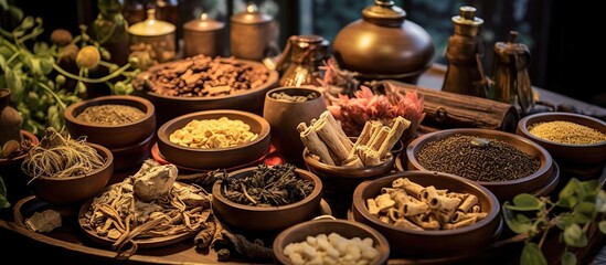 Traditional medicine with herbs and spices, for medicine advertising, traditional medicine content photography.