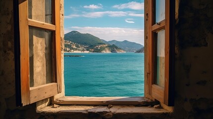Sea view through an old window 