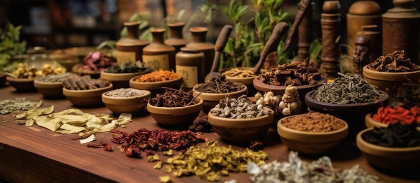 Traditional medicine with herbs and spices, for medicine advertising, traditional medicine content photography.
