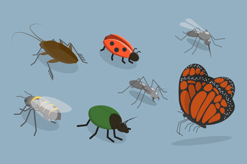 3D Isometric Flat Vector Set of Insects, Bug, Mosquito, Fly, Cockroach, Butterfly