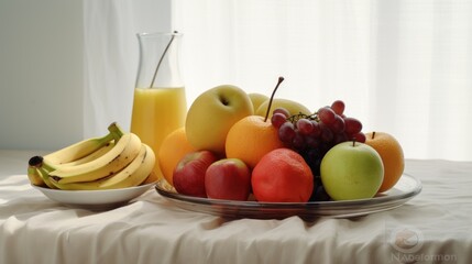 Fresh fruit in the kitchen on a wooden table on a gray background.