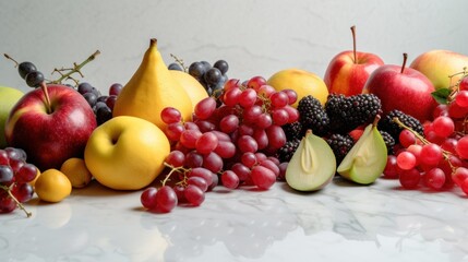 Fresh fruit in the kitchen on a wooden table on a gray background.