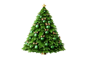 Christmas tree with round baubles ornaments hanging on it with a a golden star at the top, isolated on a transparent background, AI