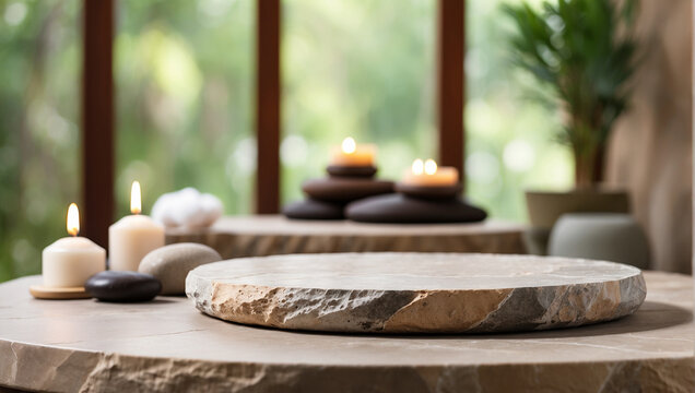 Stone podium table top with blurred background of spa environment