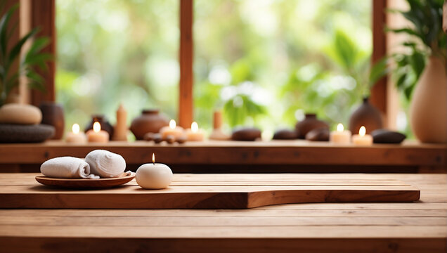 empty wooden desk with blurred background of spa environment