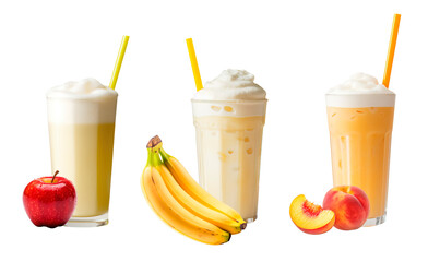 Delicious set of smoothies made of apple, banana and peach on isolated transparent background