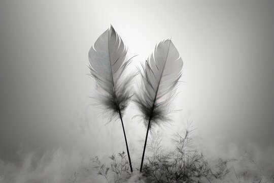 An abstract background image tailored for creative content, presenting two feathers in black and white, offering a minimalist and versatile canvas for artistic expression. Photorealistic illustration