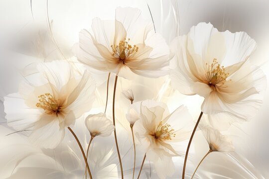 An abstract background image for content creation, displaying white flowers, providing a clean and versatile canvas for various creative projects. Photorealistic illustration
