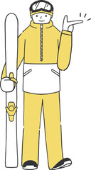 スキーの板を持って指差し案内する男性スキーヤーのイラスト素材