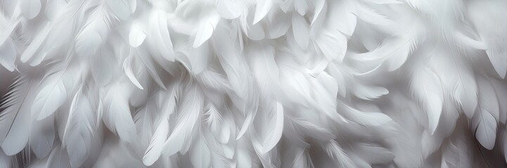 Fototapeta na wymiar An abstract background image for creative content in wide format, showcasing white feathers, offering a canvas for artistic expression with a sense of purity and lightness. Photorealistic illustration