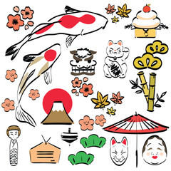 Japanese icons in cartoon doodle style. Flat design of wooden doll, Traditional lucky doll in Japan