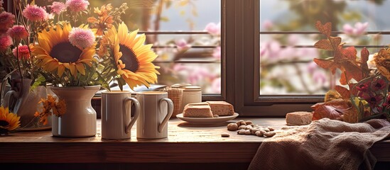 In a cozy autumn home a chocolate bar sat upon a wooden kitchen table surrounded by vibrant flowers while the rich aroma of coffee filled the room as the background texture of white walls a - Powered by Adobe