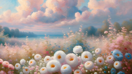 Obraz na płótnie Canvas Digital painting of a meadow with white and pink flowers under a blue sky