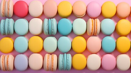 Fototapeta na wymiar colorful macarons arranged in a perfect line, Generative AI.