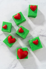Green fudge with red hearts