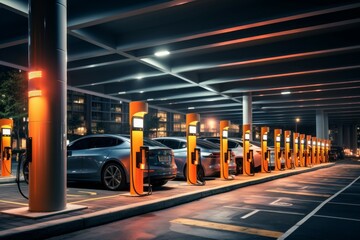 Charging station for electric vehicles. Background with selective focus and copy space