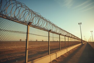 Fence with barbed wire. Prison or border. Background with selective focus and copy space - obrazy, fototapety, plakaty