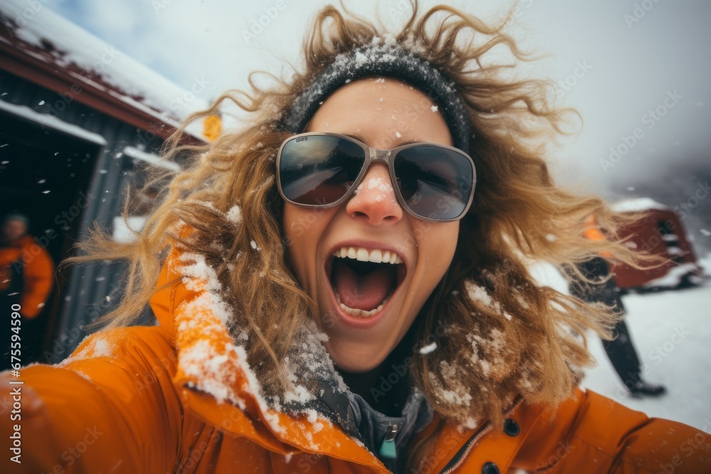 Poster Happy woman on winter holidays in the mountains. Merry Christmas and Happy New Year concept. Portrait