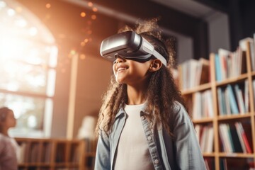 Portrait of a child wearing virtual or augmented reality glasses. Kid in VR mask, modern technology concept