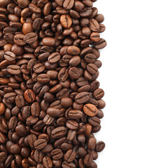 Many roasted coffee beans isolated on white , top view