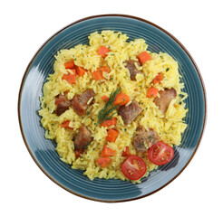 Delicious pilaf with meat isolated on white, top view