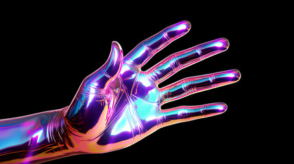 Abstract 3d sculpture holographic art futuristic design. Statue with liquid metallic texture with on black background.