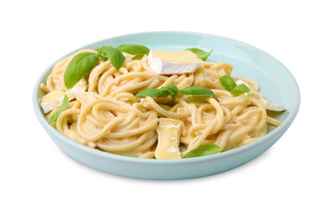 Delicious pasta with brie cheese and basil leaves isolated on white