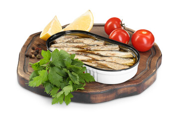 Board with canned sprats, parsley, peppercorns, lemon and tomatoes isolated on white