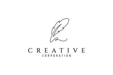 Feather logo with continuous line vector style design template