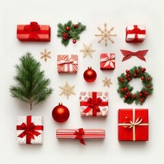 Christmas composition made of Christmas decoration, gifts and flowers on white background. Flat lay, top view.	