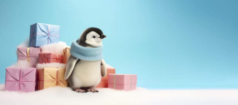 A cute little penguin in warm winter clothes standing and looking out of gift boxes. Pastel colors. Christmas concept.	