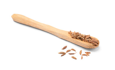 Scoop of aromatic caraway (Persian cumin) seeds isolated on white