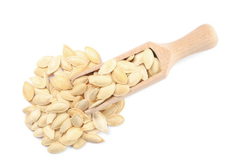 Wooden scoop with pumpkin seeds isolated on white, top view