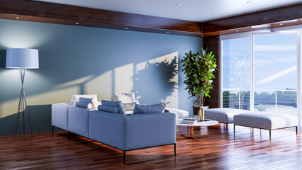 Large luxury modern bright interiors Living room mockup illustration 3D rendering computer...