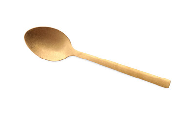One new golden spoon isolated on white, top view