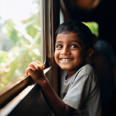 sri lanka boy smiles from inside train.