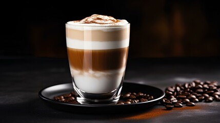 Delicious coppuccino in a glass cup. Hot coffee banner. Coffee with milk and cream. Coffee drink. generative AI