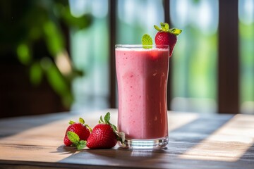 Sunlight illuminating a tall glass of creamy strawberry shake on an old-fashioned wooden surface