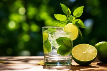 Tonic water: A thirst-quenching summer drink presented with citrus and herbs on a vintage table
