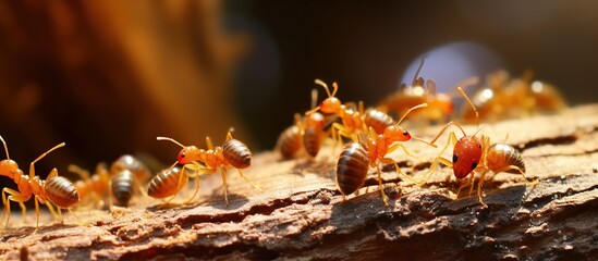 Close up group of red ant on wood background, teamwork and leadership concept