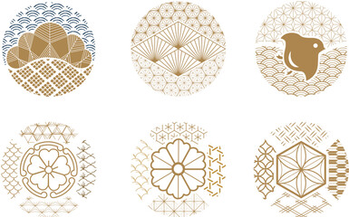 Geometric pattern and icons vector in Japanese style. Bonsai tree, wave pattern, kimono elements - obrazy, fototapety, plakaty