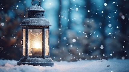 glowing christmas lantern on snow