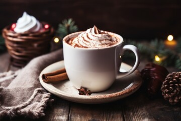 Savoring the Sweetness of Hot Chocolate with Whipped Cream and Cinnamon in a Homely Setting