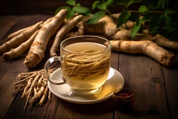 The warmth of a steaming Ginseng tea cup amidst the natural freshness of ginseng roots and tea leaves - obrazy, fototapety, plakaty