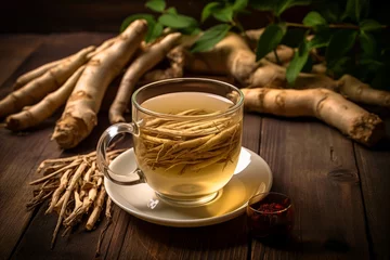 Foto op Canvas The warmth of a steaming Ginseng tea cup amidst the natural freshness of ginseng roots and tea leaves © aicandy