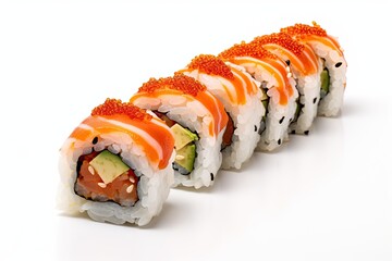 Delicious sushi / maki rolls on white background.