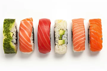 Selbstklebende Fototapeten Delicious sushi / maki rolls on white background. © Simon