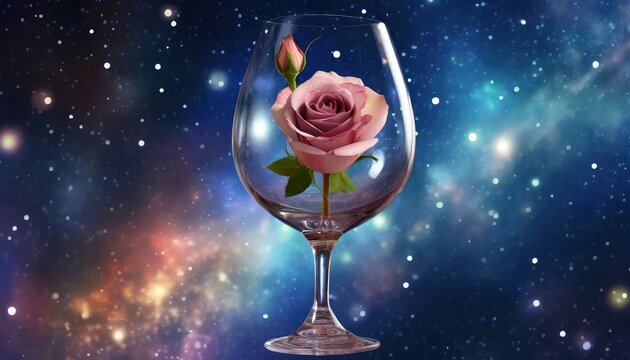 A beautiful rose in a wine glass hanging in space against the background of stars
