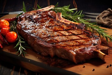 Piece of barbecued t-bone steak on wooden board
